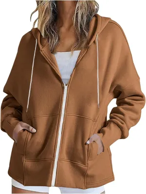 Women's Fashion Oversized Hoodie Long Sleeve Fleece Sweatshirt Full Zip Thumb Hole Pullover Pocket Casual Coat Tops