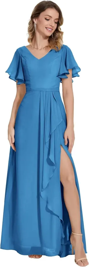 Womens Flutter Sleeve Chiffon Bridesmaid Dresses with Slit V Neck A Line Long Formal Evening Gowns