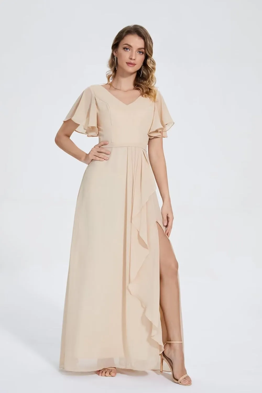 Womens Flutter Sleeve Chiffon Bridesmaid Dresses with Slit V Neck A Line Long Formal Evening Gowns