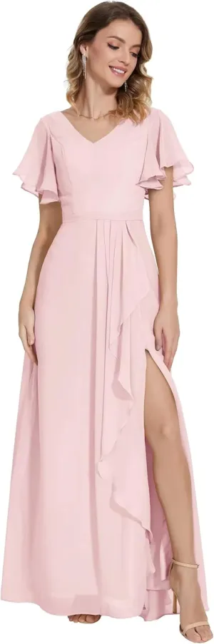 Womens Flutter Sleeve Chiffon Bridesmaid Dresses with Slit V Neck A Line Long Formal Evening Gowns
