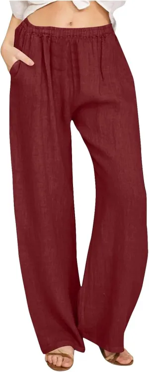 Women's Linen Palazzo Pants Plus Size Elastic High Waist Casual Beach Pant Flowy Summer Trendy Lightweight Trousers
