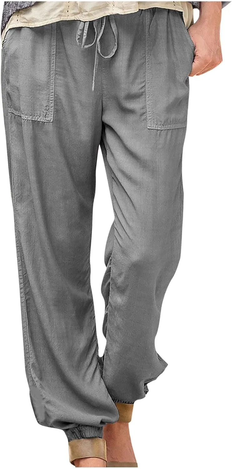 Womens Linen Pants 2025 Summer Casual Drawstring High Waist Loose Lounge Trousers Beach Summer Pant with Pockets