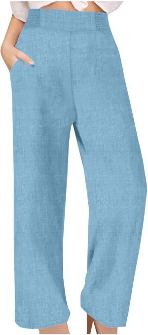 Womens Linen Pants Wide Leg Casual Baggy Trousers Pocketed Summer Palazzo Pants 2025 Beach Travel Vacation Outfits