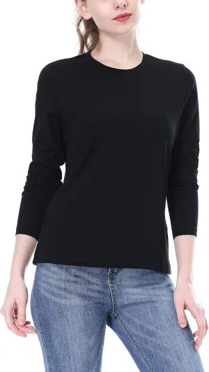 Women's Long Sleeve Crew Neck Cotton T-Shirt Regular Fit Lightweight Solid Basic Tee Soft Casual Tops Baselayer