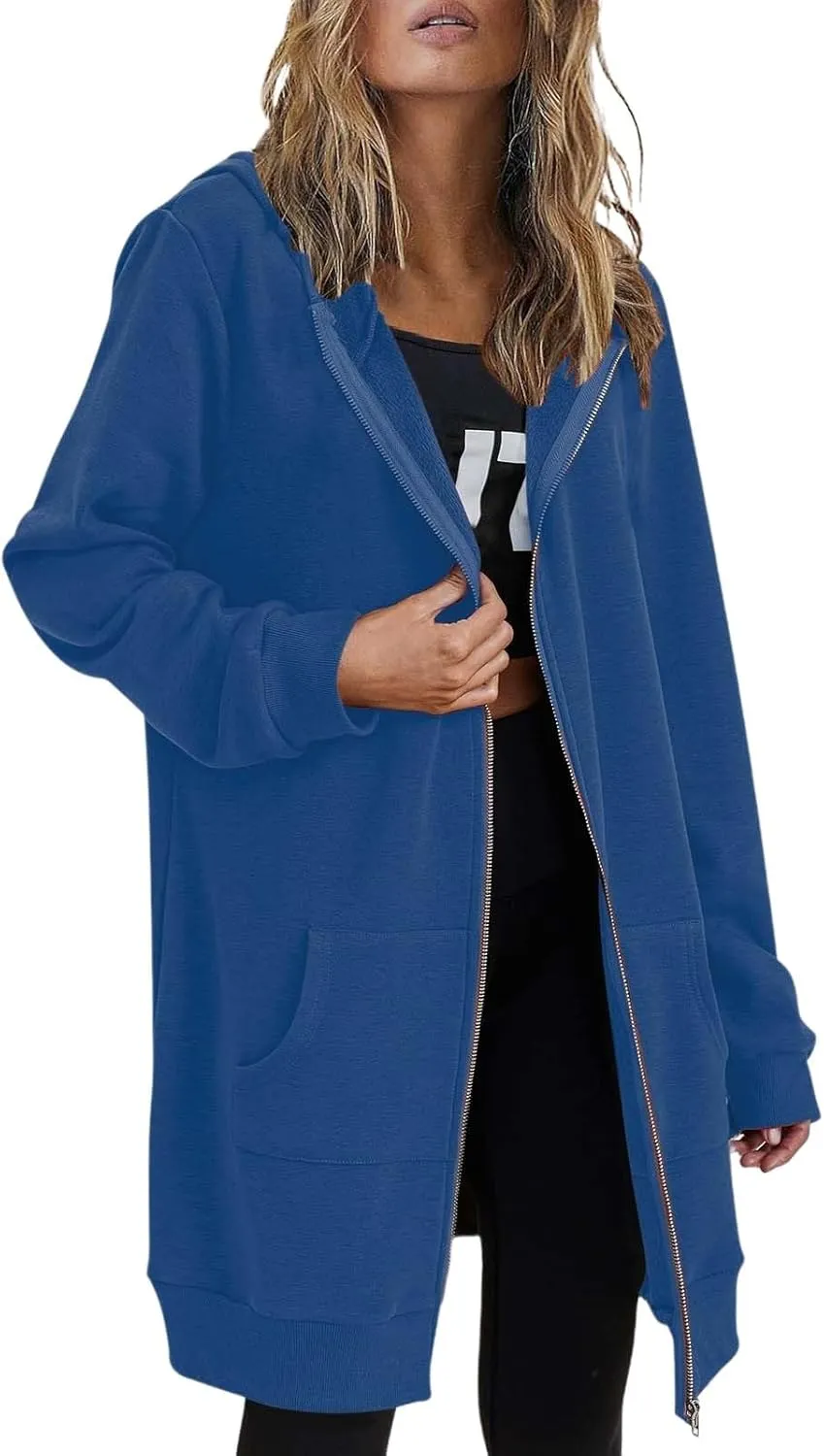Womens Oversized Zip Up Long Hoodies Casual Long Sleeve Solid Color Sweatshirts Fall Trendy Loose Jacket with Pockets