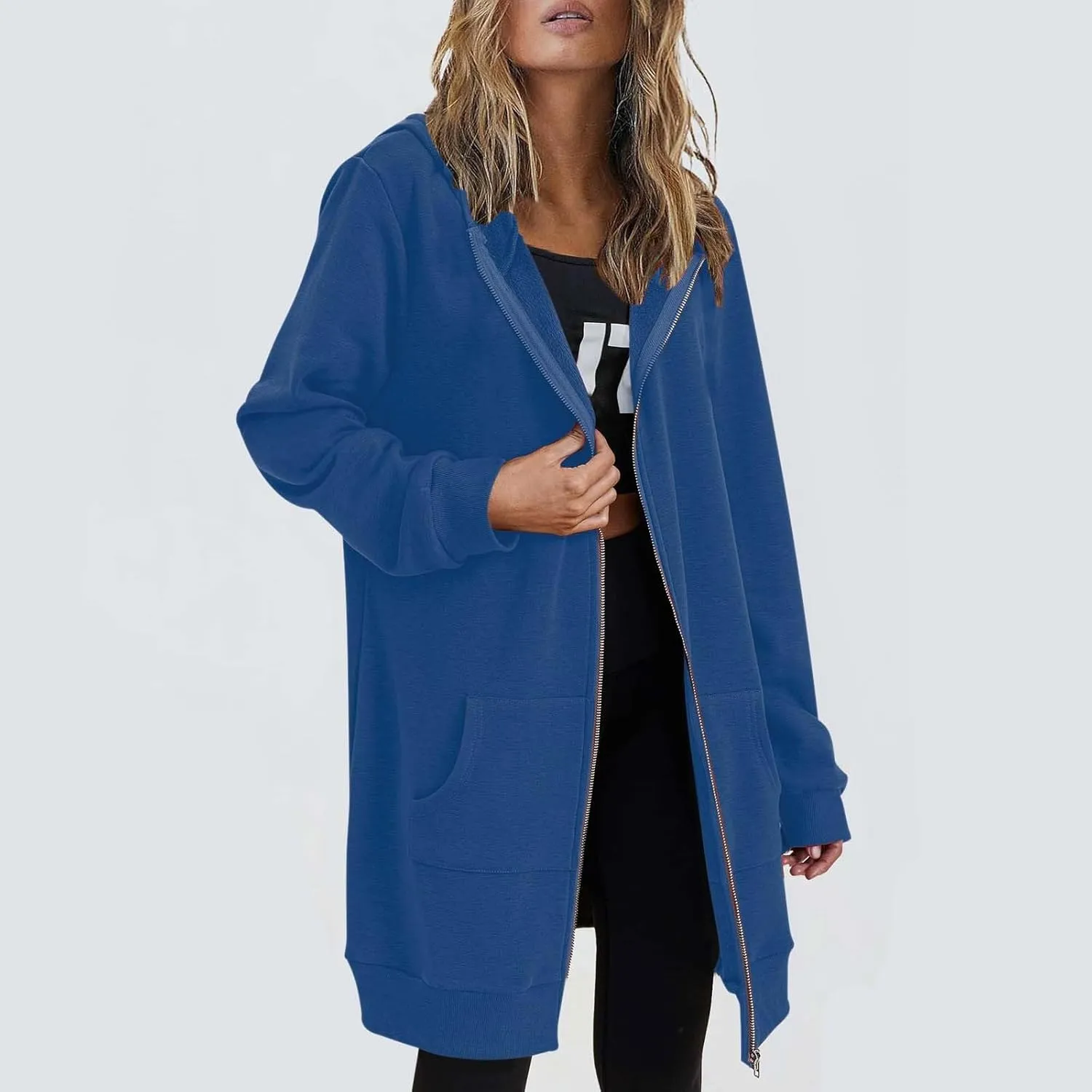 Womens Oversized Zip Up Long Hoodies Casual Long Sleeve Solid Color Sweatshirts Fall Trendy Loose Jacket with Pockets