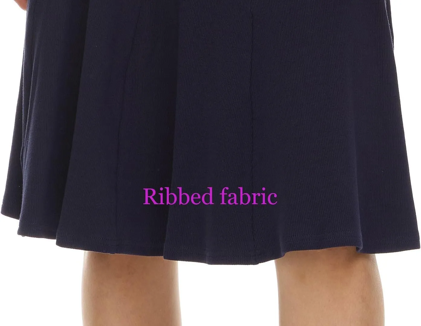 Womens Ribbed Cotton Panel Knee Length Skirt- Elastic Waist Office Pleated Skirt