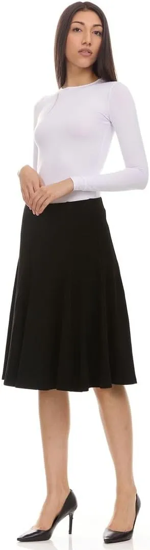 Womens Ribbed Cotton Panel Knee Length Skirt- Elastic Waist Office Pleated Skirt