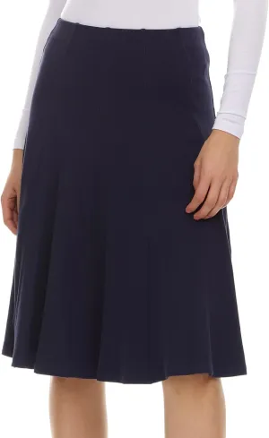 Womens Ribbed Cotton Panel Knee Length Skirt- Elastic Waist Office Pleated Skirt