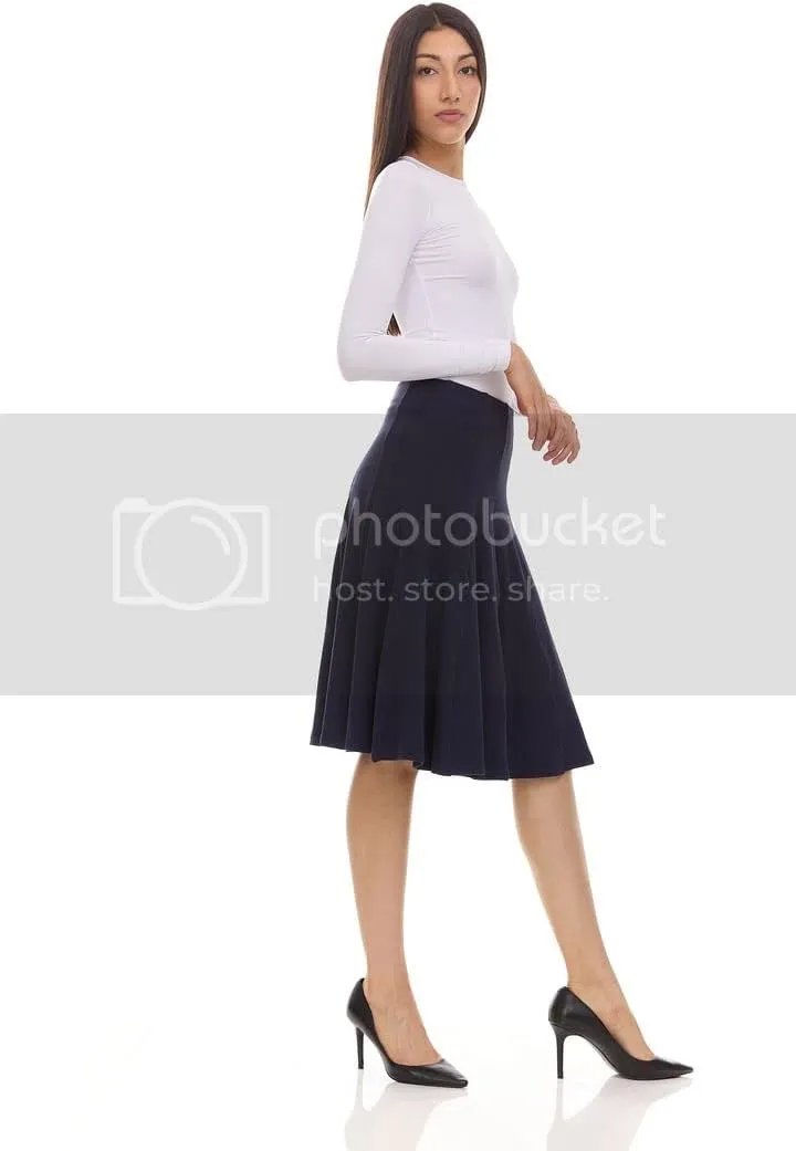 Womens Ribbed Cotton Panel Knee Length Skirt- Elastic Waist Office Pleated Skirt