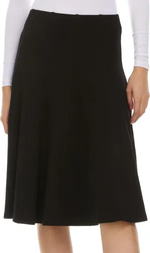 Womens Ribbed Cotton Panel Knee Length Skirt- Elastic Waist Office Pleated Skirt
