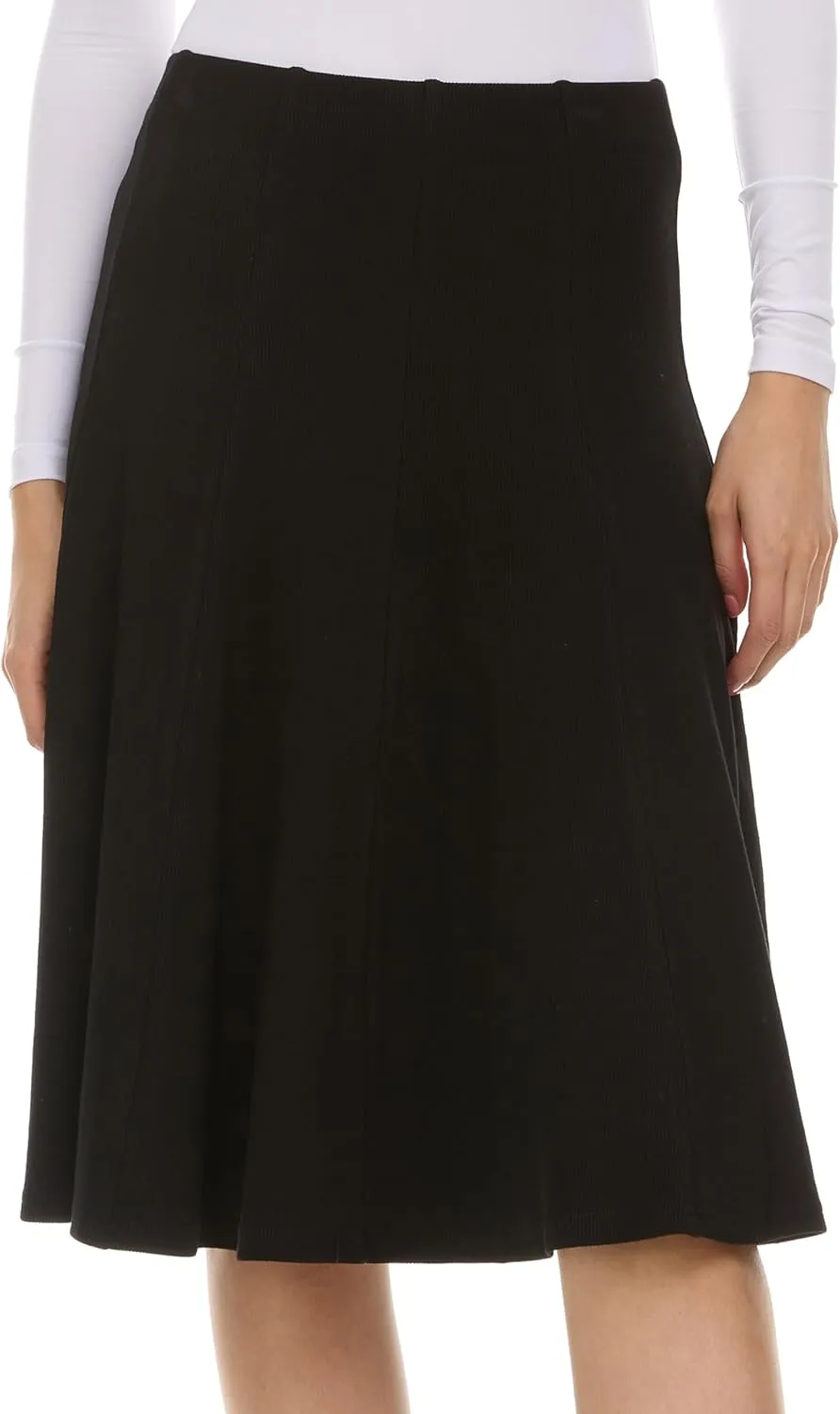Womens Ribbed Cotton Panel Knee Length Skirt- Elastic Waist Office Pleated Skirt