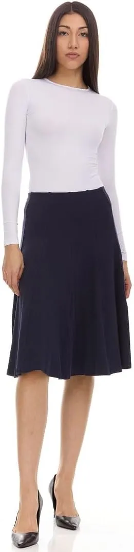 Womens Ribbed Cotton Panel Knee Length Skirt- Elastic Waist Office Pleated Skirt
