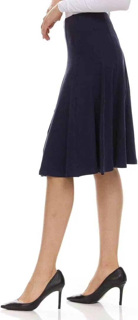 Womens Ribbed Cotton Panel Knee Length Skirt- Elastic Waist Office Pleated Skirt