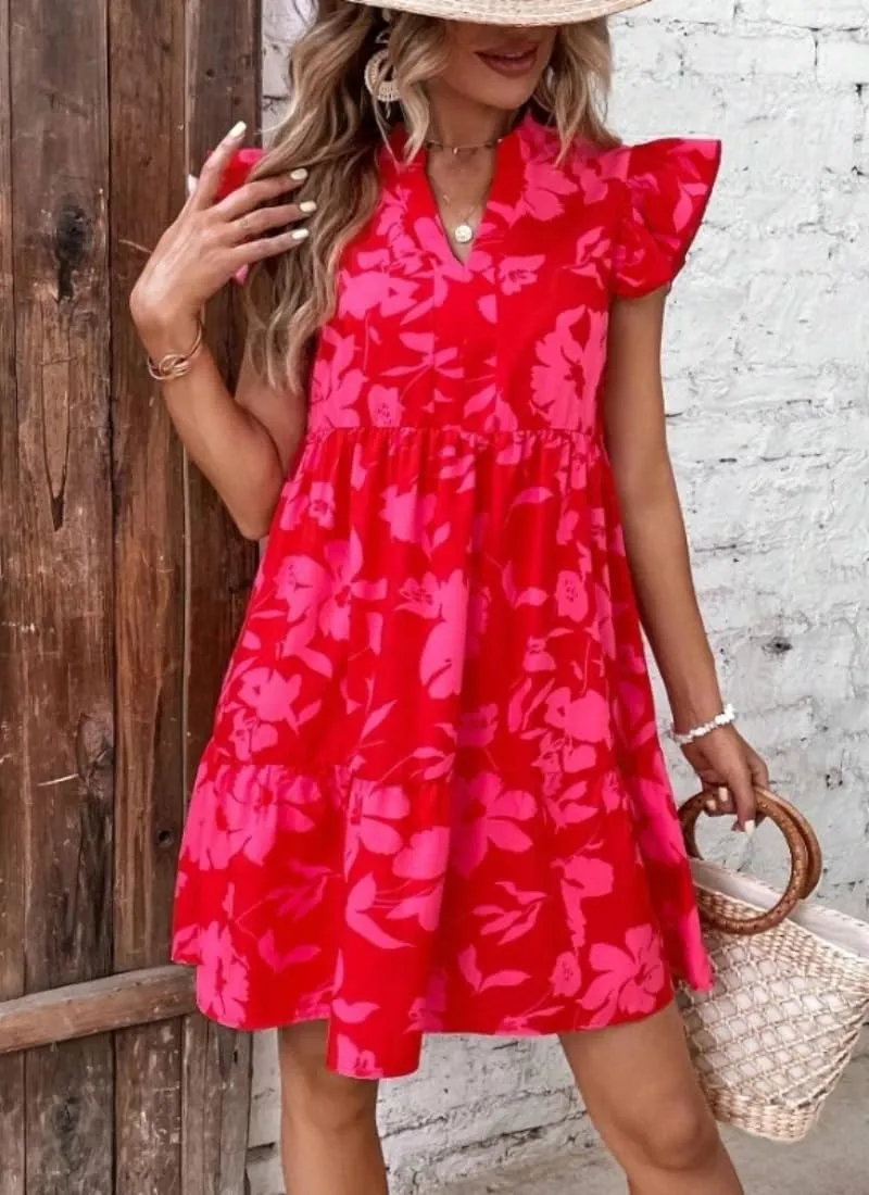 Womens Sexy Summer Dresses Boho V Neck Floral Print Ruffle Sleeve Layered Mini Dress Cute Short Dress