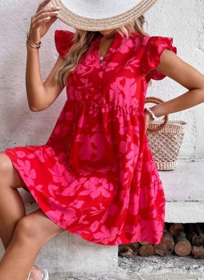 Womens Sexy Summer Dresses Boho V Neck Floral Print Ruffle Sleeve Layered Mini Dress Cute Short Dress