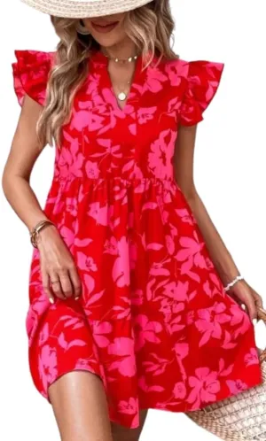 Womens Sexy Summer Dresses Boho V Neck Floral Print Ruffle Sleeve Layered Mini Dress Cute Short Dress