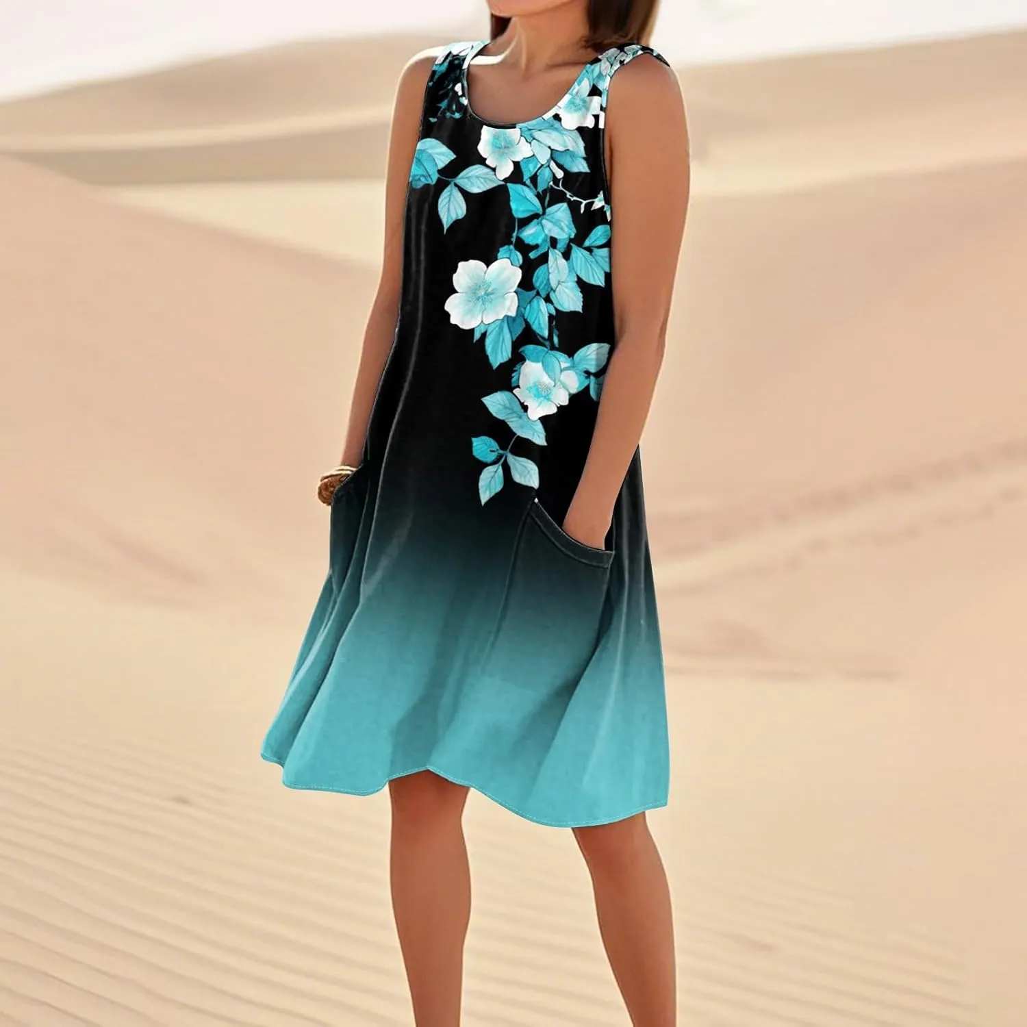 Women's Summer Cotton Linen Midi Dress Sleeveless Boho Beach Tank Dresses Plus Size Loose Comfy Dress with Pockets