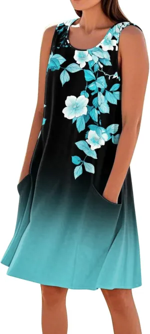 Women's Summer Cotton Linen Midi Dress Sleeveless Boho Beach Tank Dresses Plus Size Loose Comfy Dress with Pockets
