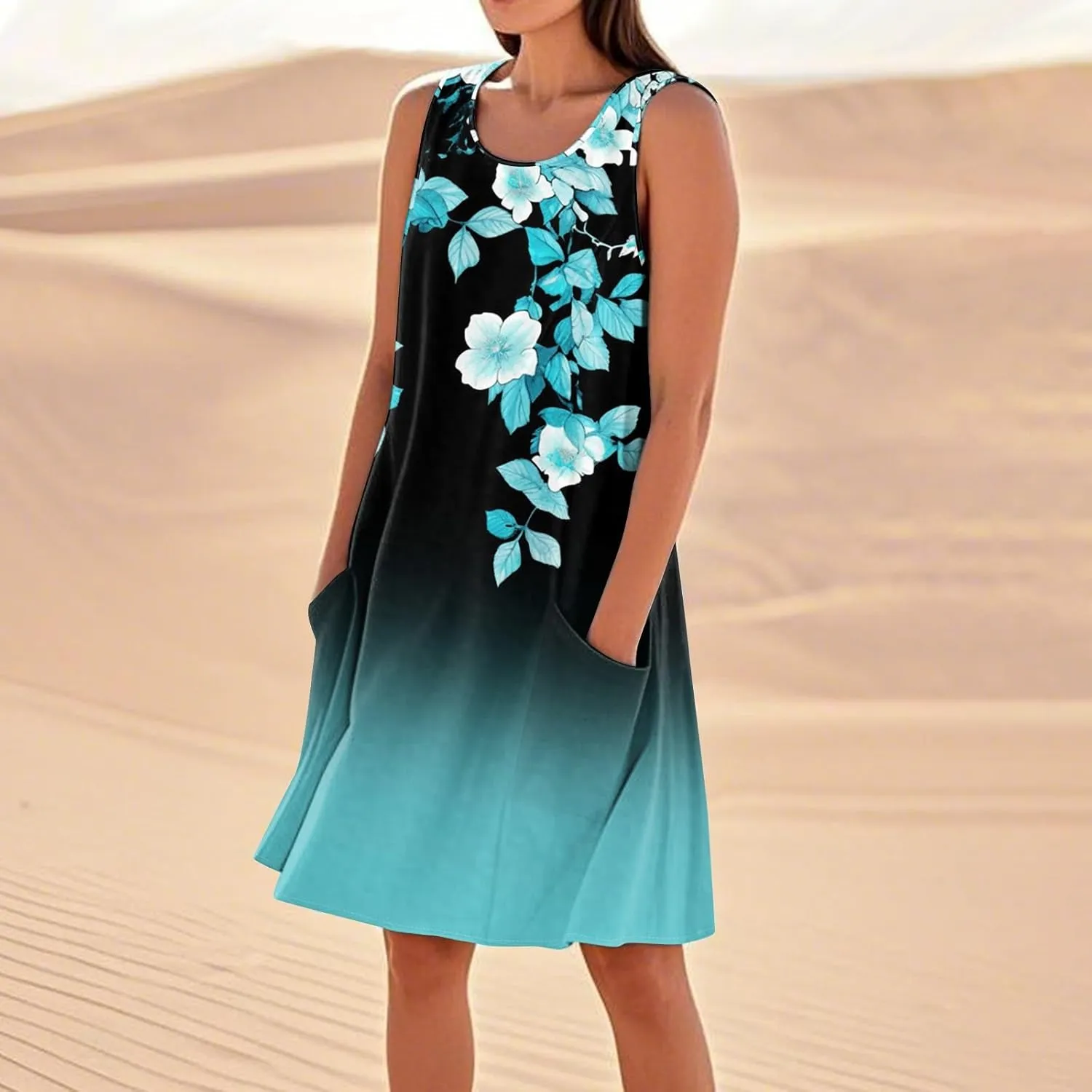 Women's Summer Cotton Linen Midi Dress Sleeveless Boho Beach Tank Dresses Plus Size Loose Comfy Dress with Pockets