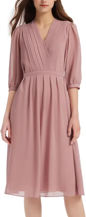 Women's Summer Dress 3/4 Sleeve Casual Boho V-Neck Pleated Lace Up Wrap Flowy Midi Dress Wedding Guest Dresses