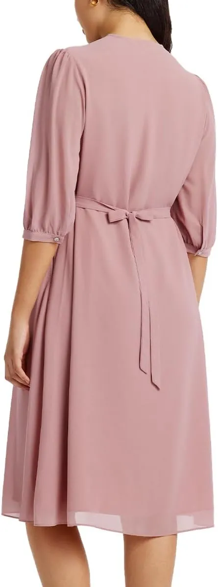 Women's Summer Dress 3/4 Sleeve Casual Boho V-Neck Pleated Lace Up Wrap Flowy Midi Dress Wedding Guest Dresses