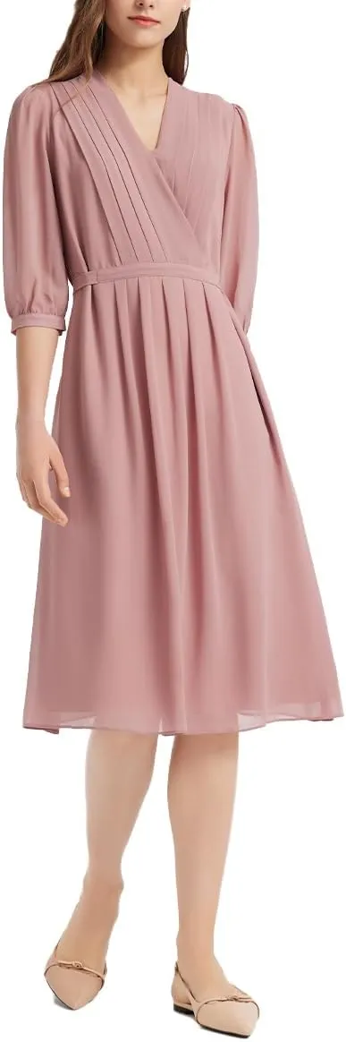 Women's Summer Dress 3/4 Sleeve Casual Boho V-Neck Pleated Lace Up Wrap Flowy Midi Dress Wedding Guest Dresses