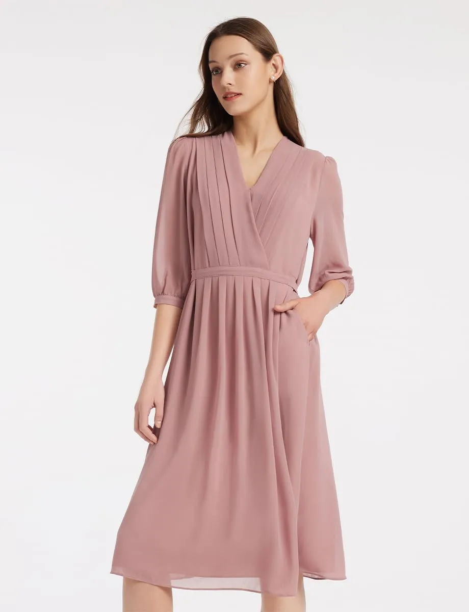 Women's Summer Dress 3/4 Sleeve Casual Boho V-Neck Pleated Lace Up Wrap Flowy Midi Dress Wedding Guest Dresses