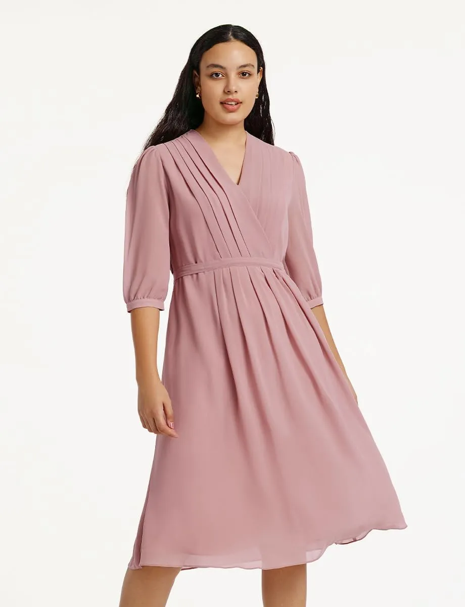 Women's Summer Dress 3/4 Sleeve Casual Boho V-Neck Pleated Lace Up Wrap Flowy Midi Dress Wedding Guest Dresses