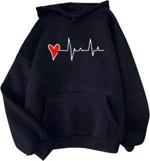 Womens Valentine's Day Oversized Hoodie Long Sleeve Trendy Heartbeat Print Sweatshirt Vacation Hiking Casual Pullover