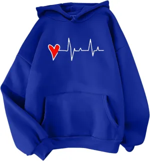 Womens Valentine's Day Oversized Hoodie Long Sleeve Trendy Heartbeat Print Sweatshirt Vacation Hiking Casual Pullover