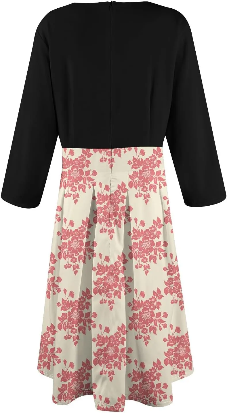 Women's Vintage Floral Solid 3/4 Sleeve Knee Length Dress Flared A-Line Swing Casual Party Dresses