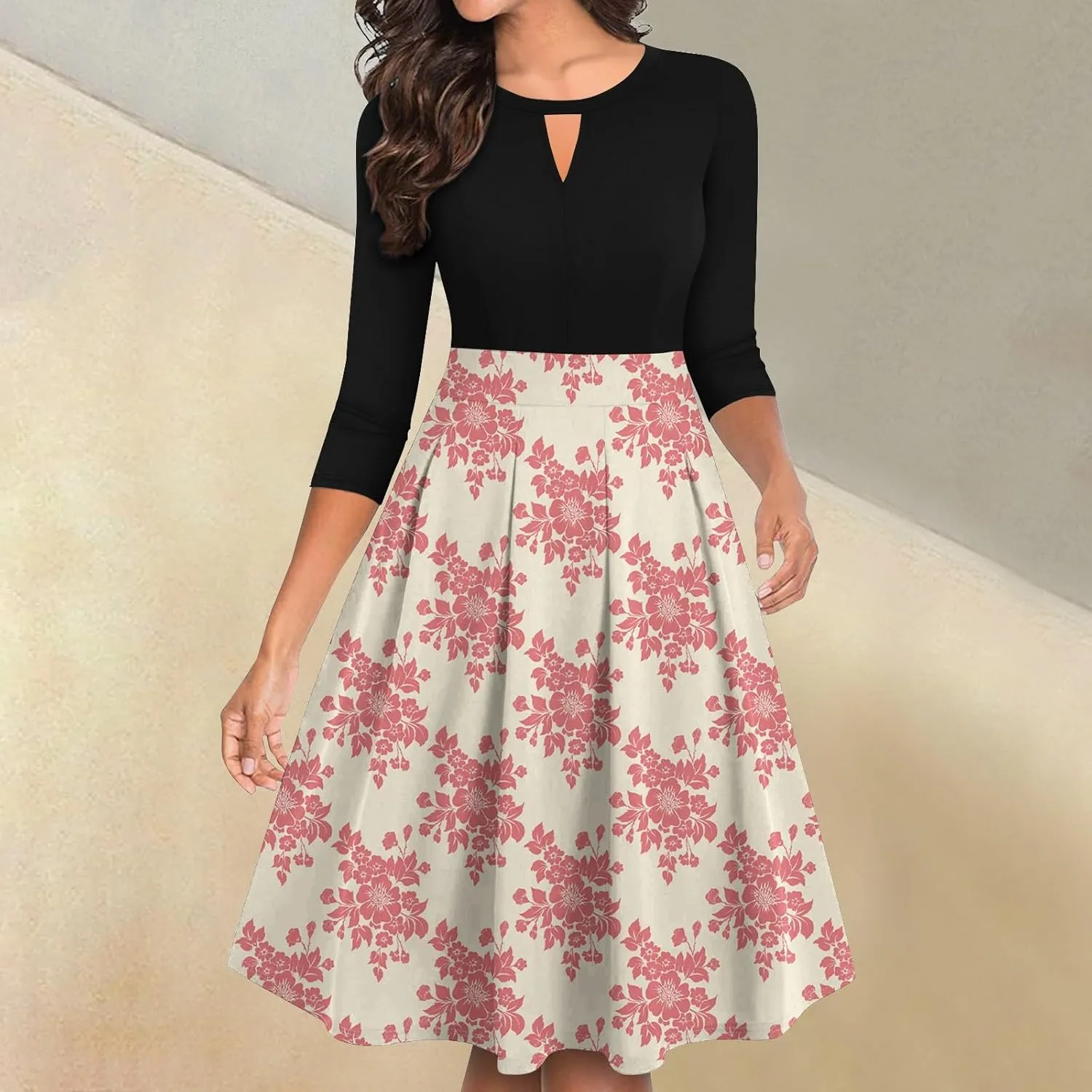 Women's Vintage Floral Solid 3/4 Sleeve Knee Length Dress Flared A-Line Swing Casual Party Dresses
