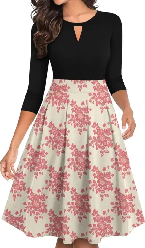 Women's Vintage Floral Solid 3/4 Sleeve Knee Length Dress Flared A-Line Swing Casual Party Dresses