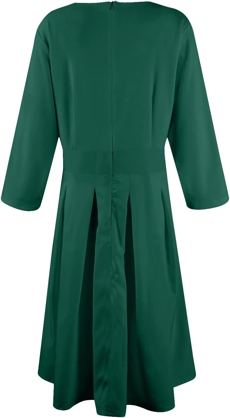 Women's Vintage Floral Solid 3/4 Sleeve Knee Length Dress Flared A-Line Swing Casual Party Dresses