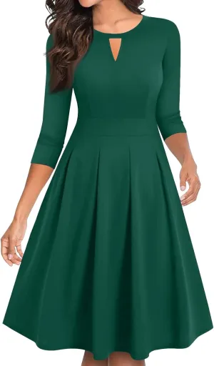 Women's Vintage Floral Solid 3/4 Sleeve Knee Length Dress Flared A-Line Swing Casual Party Dresses
