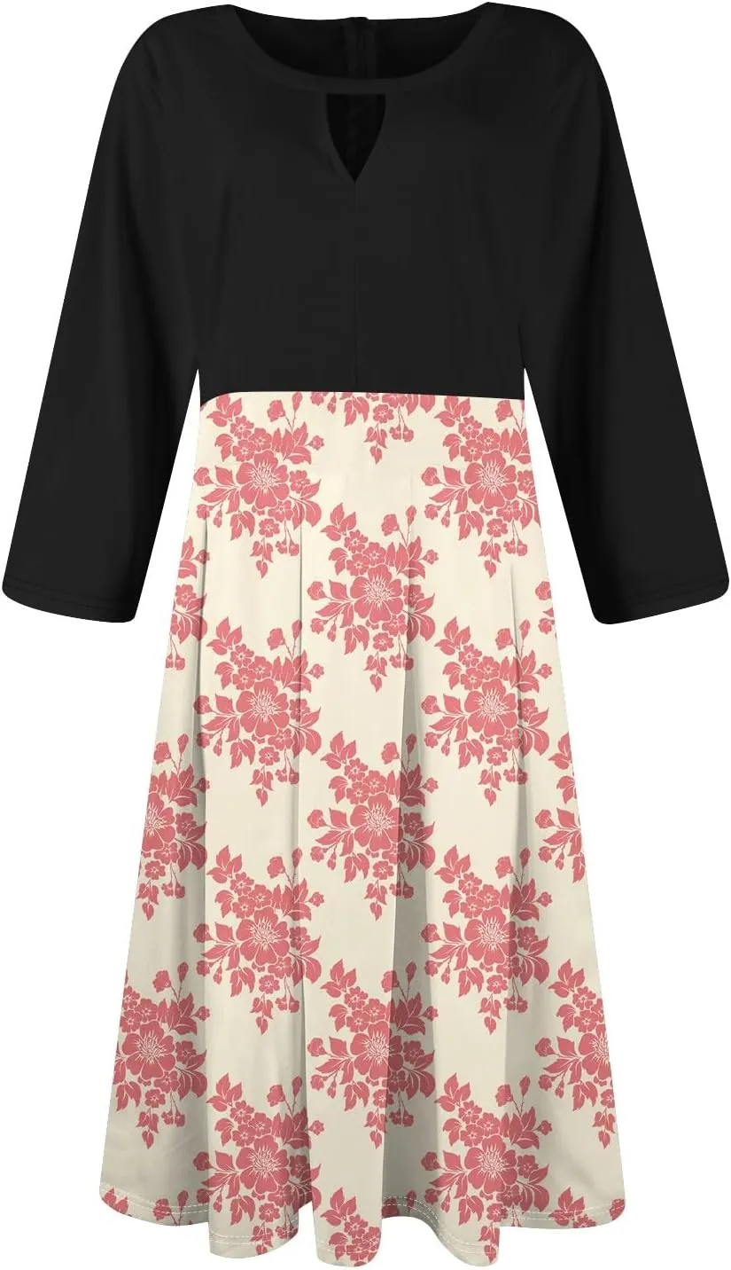 Women's Vintage Floral Solid 3/4 Sleeve Knee Length Dress Flared A-Line Swing Casual Party Dresses