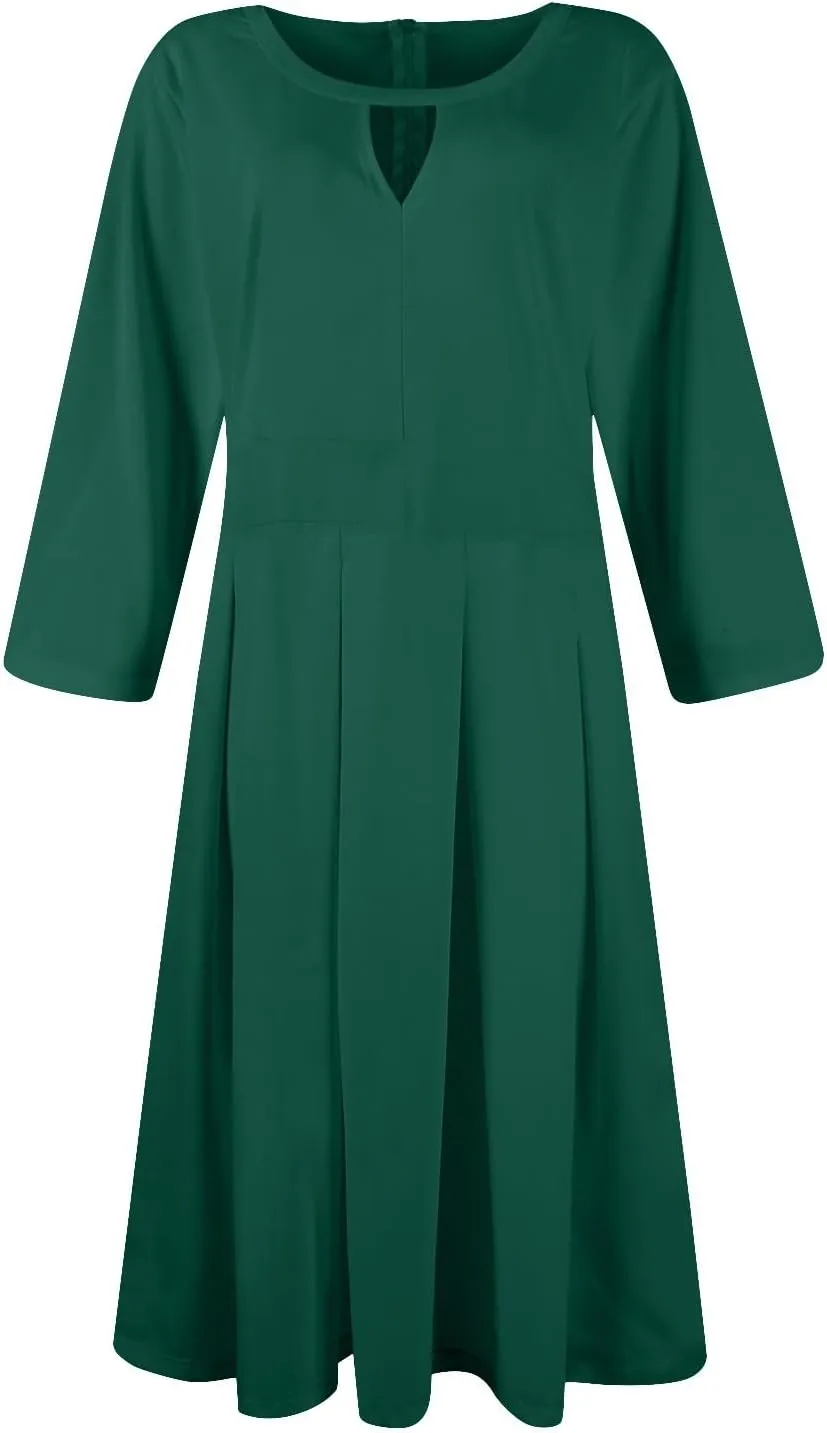 Women's Vintage Floral Solid 3/4 Sleeve Knee Length Dress Flared A-Line Swing Casual Party Dresses