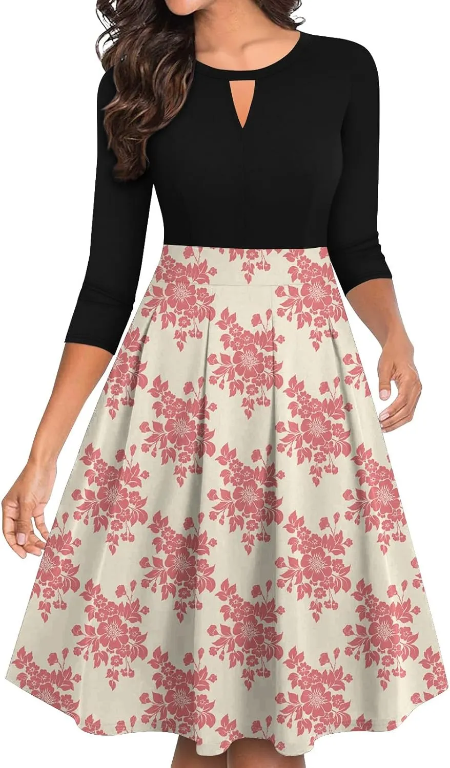 Women's Vintage Floral Solid 3/4 Sleeve Knee Length Dress Flared A-Line Swing Casual Party Dresses