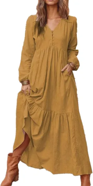 ZOCANIA Cotton Linen Dress for Women V Neck Long Sleeve Maxi Dress Waist Pleated Ruffles Tiered Flowy Long Swing Fall Dresses