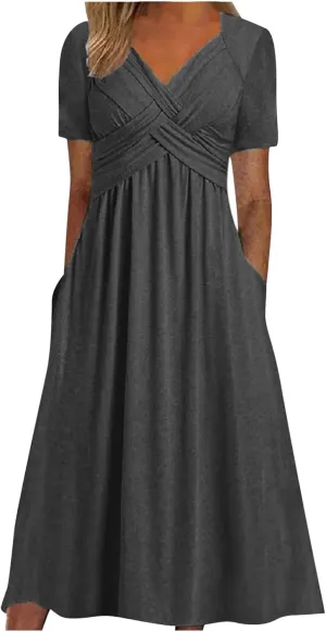 ZOCAVIA Casual Summer Dresses for Women Plus Size Short Sleeve Cross V Neck Smocked Floral Print Maxi Dress with Pockets