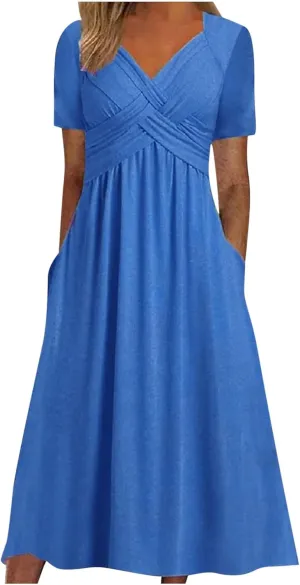 ZOCAVIA Casual Summer Dresses for Women Plus Size Short Sleeve Cross V Neck Smocked Floral Print Maxi Dress with Pockets