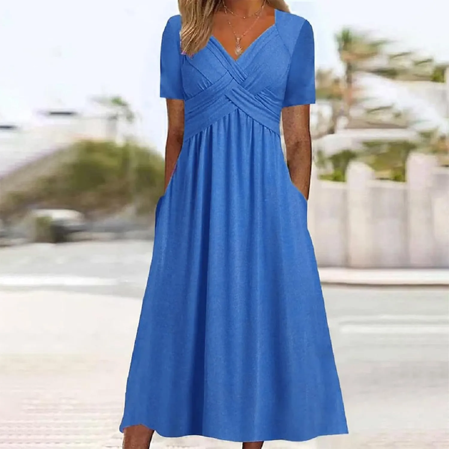 ZOCAVIA Casual Summer Dresses for Women Plus Size Short Sleeve Cross V Neck Smocked Floral Print Maxi Dress with Pockets